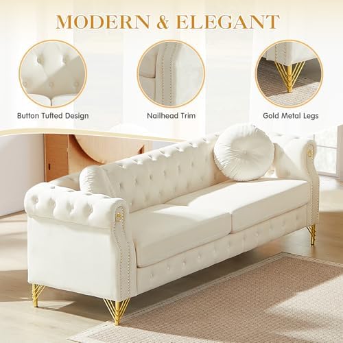 Mid Century Modern Chesterfield Sofa, Upholstered Button Tufted Velvet Couch - Image 5