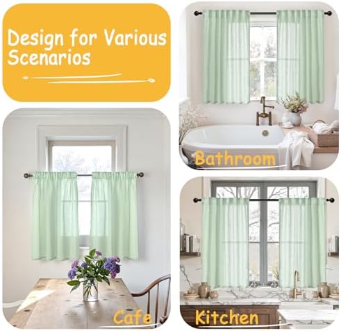 Light Green Linen Semi Sheer Curtains 40 Inch Length - Image 2