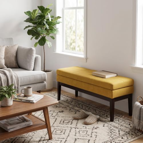 SIMPLIHOME Carlson 45" Wide Vegan Leather Rectangle Ottoman in Marigold - Image 4