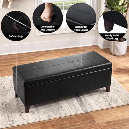Ottoman with Storage Black Faux Leather Storage Ottoman Bench - Image 4