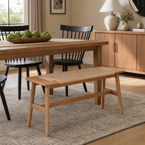 31.5'' Woven Dining Beach with 100% Solid Oak Wood Bench Frame, Hand Knitted - Image 2