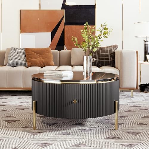 31.5" Coffee Table with 2 Storage Drawers, Round Side Table, Circle Accent - Image 3