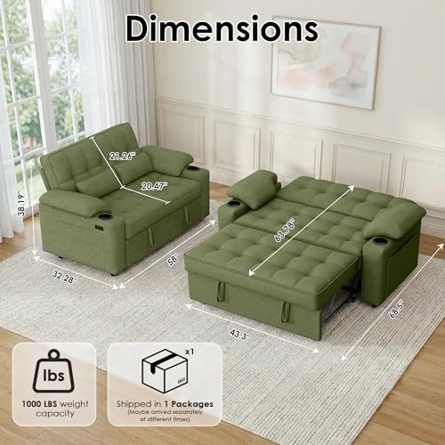 58'' Convertible Sofa Bed with USB Charger and Cup Holders, Teddy Fabric - Image 2