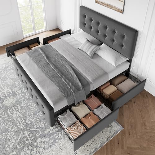 IDEALHOUSE Full Bed Frame with 4 Storage Drawers and Headboard, Dark Grey - Image 4