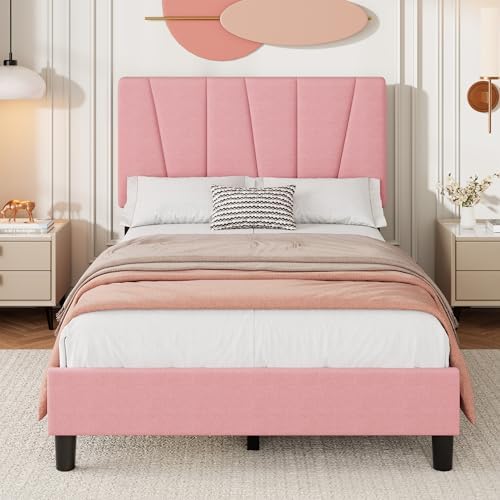 Twin Size Platform Bed Frame for Kids, Linen Upholstered Headboard & Wooden - Image 3