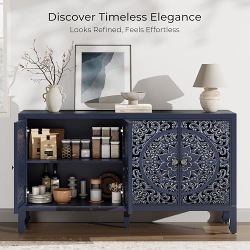 Buffet Cabinet with Storage, Accent Cabinet with 4 Carved Doors, Solid Wood - Image 5