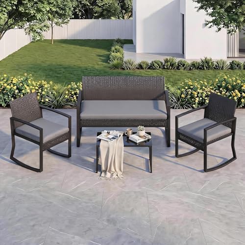IDEALHOUSE Outside Patio Furniture Set, 4 Piece Outdoor Wicker Rocking Chair by IDEALHOUSE