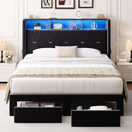 Allewie Queen Bed Frame with 2-Tier Storage Headboard, Charging Station & LED - Image 3