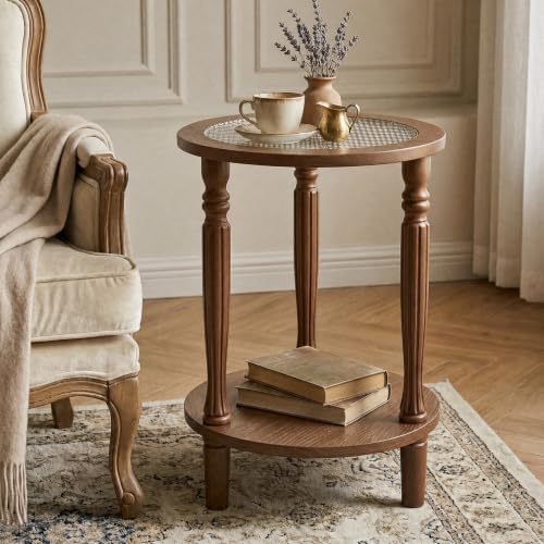 Walnut Brown Round 2‑Tier French Vintage End Table by Unknown