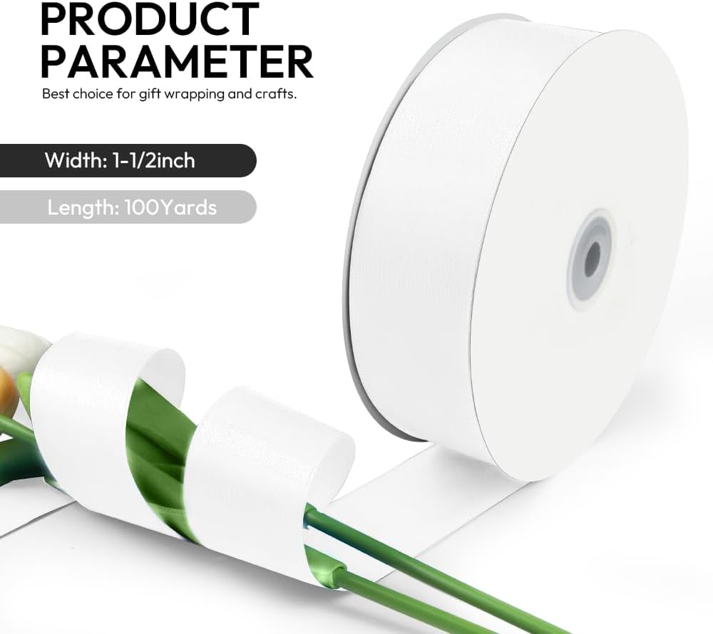 1-1/2 Inch 100 Yards Satin Ribbon White, Solid Color Fabric Ribbon for Gift Wrapping, Wedding, Polyester Gift Ribbon for Birthday Party Decoration, Craft, Hair, Floral, Sewing