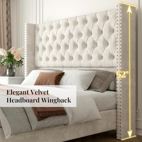 Jocisland King Size Bed Frame Velvet Upholstered Platform Bed - Image 4