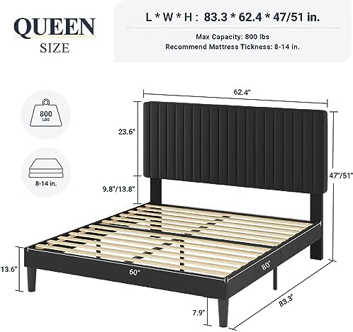 Allewie Queen Bed Frame, Velvet Upholstered Platform Bed - Image 2