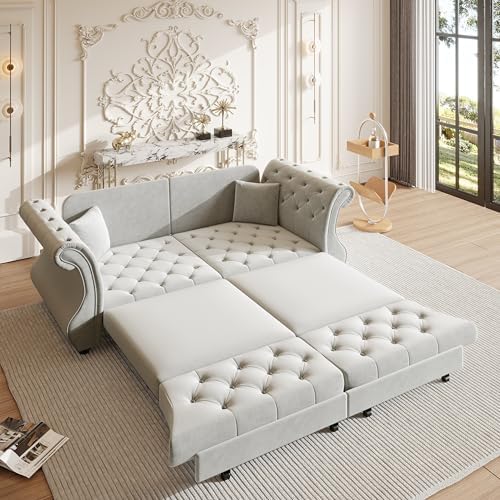 83.8" Velvet Pull-Out Chesterfield Sleeper Sofa Bed, Light Grey by Unknown