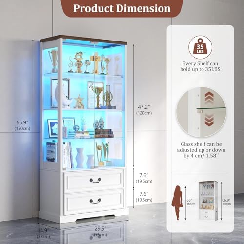 TAGELIER Display Cabinet with Glass Doors and LED Lights, 2 Drawers - Image 2