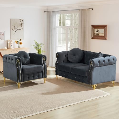 2 Pieces Mid Century Modern Chesterfield Sofa Set, Upholstered Button Tufted by JEEOHEY