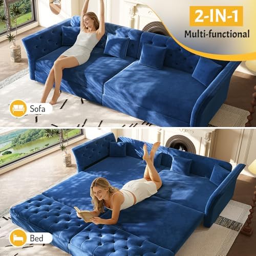 Sleeper Sofa Bed 100", Velvet Pull Out Couch, Flower Tufted Sofa - Image 3