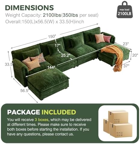 ELUCHANG 150" Oversized Modular Sectional Sofa, Comfy U Shaped Cloud Couch - Image 2