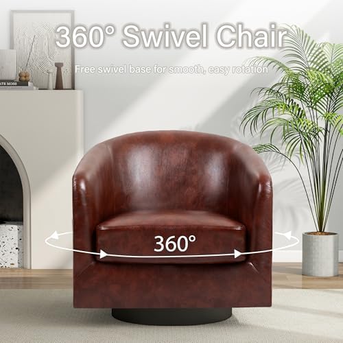 Pia Ricco Set of 2 Oversized Faux Leather 360° Swivel Barrel Accent Chair Red - Image 5