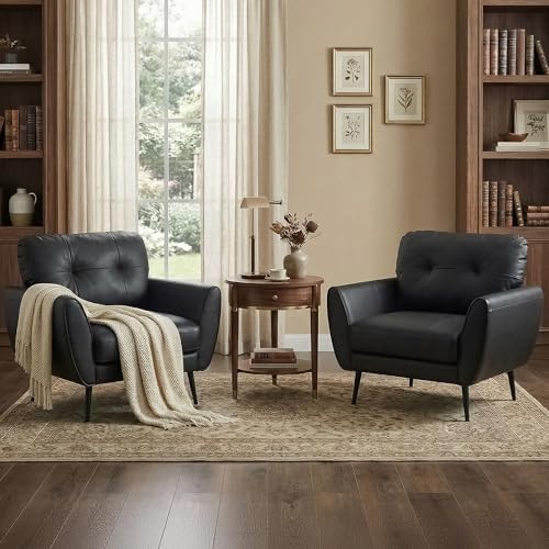 Black Leather Accent Chairs Set of 2, Tufted Reading Chairs by TYBOATLE