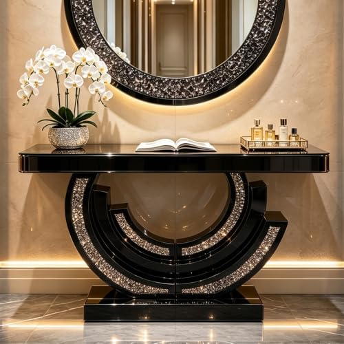 Black Mirrored Console Table, 42.9" Rectangle Sofa Table by Unknown