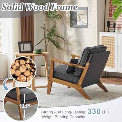 VINGLI Solid Wood Wide Armrests Accent Chair, Upholstered Mid Century Modern - Image 4