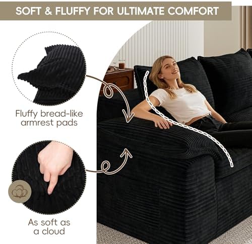 132" Cloud Sectional Couch, U-Shaped Convertible Modular Sofa Black - Image 6