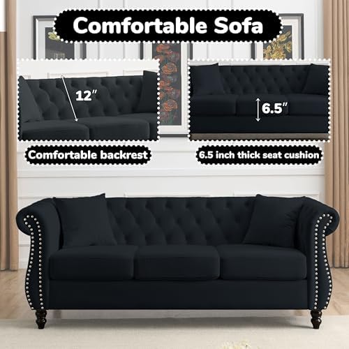 2 Piece Modern Black Velvet 80" 3-Seater Sofa Sets, Upholstered Tufted Backrests - Image 5
