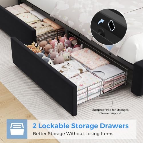 Twin Bed Frame with Storage Drawers and LED Lights, Velvet Upholstered Platform - Image 6