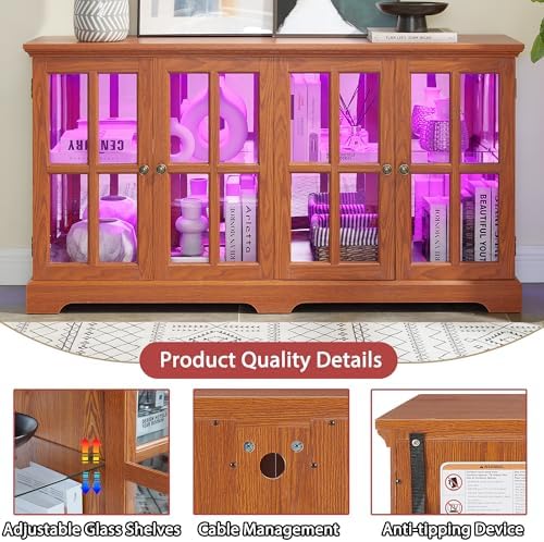 59" Glass Curio Display Storage Cabinet, 4 Doors LED Light Multipurpose - Image 3
