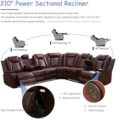 Leather Power Reclining Sectional Sofa, Recliner Sectional Sofa - Image 5