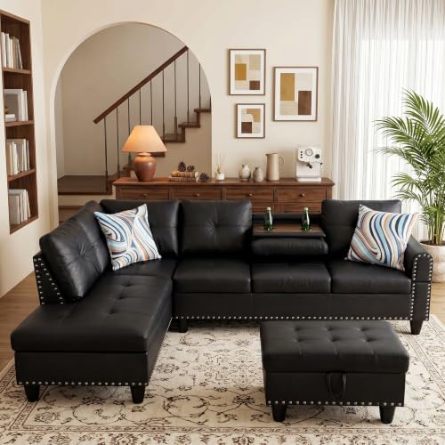 Leather L-Shaped Couch Set, 97.5"L x 69.5"W Sectional Sofas Black by Topcomfy