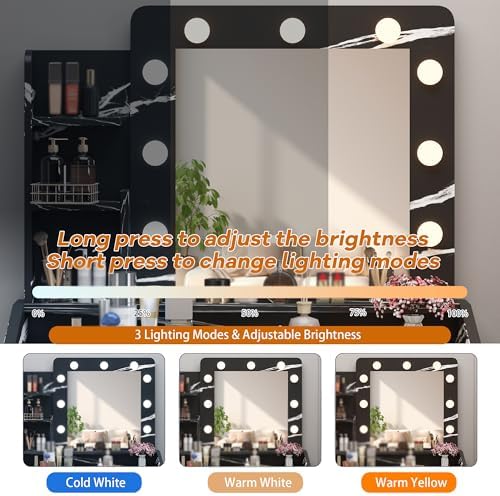 Vanity Desk with Power Outlet, Makeup Vanity with Large Mirror and LED Lights - Image 4