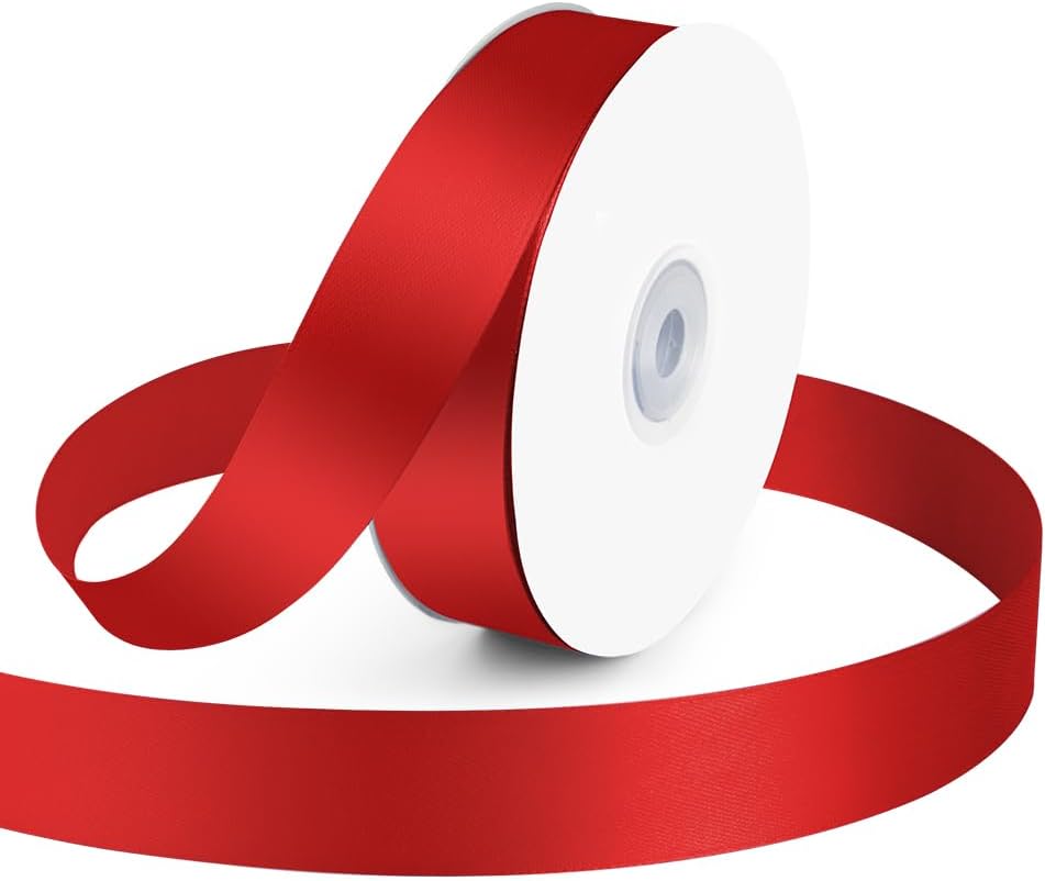 KMER LIFE 1 inch Wide x 50 Yards Red Single Faced Polyester Satin Ribbon, Red Satin Ribbon Perfect for Wedding Decor, Wreath, Crafts, Gift Wrapping & Other Projects (Red)