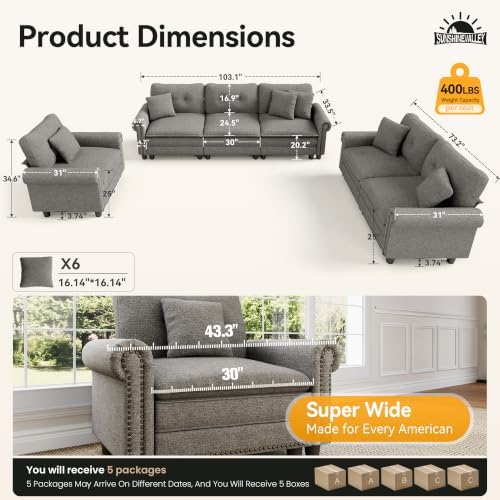 SUNSHINE VALLEY Modular Sectional Sofa Set Living Room 3-Piece Deep Seats - Image 3