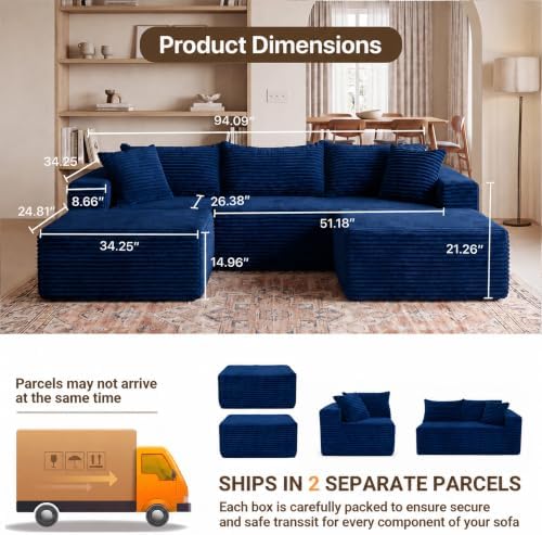 Claiks 94" Boneless Couch, U-Shape Corduroy Sectional Sofa - Image 2