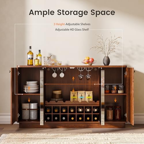 Coffee Bar Cabinet with LED Light & Glass Doors, Coffee Station Sideboard - Image 5