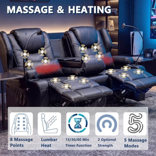 Loveseat Recliner with Massage and Heat, Built-in Bluetooth Audio & Cup Holders - Image 3