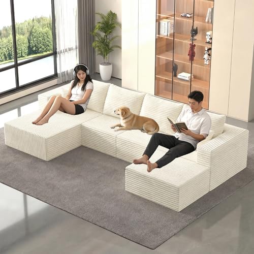 138" Modern Modular Sectional Sofa, U-Shaped Cloud Couch, Soft Corduroy - Image 4