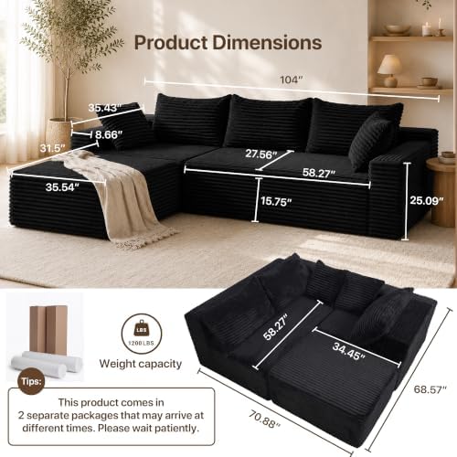 Claiks 104" Boneless Couch, L-Shape Corduroy Sectional Sofa - Image 3