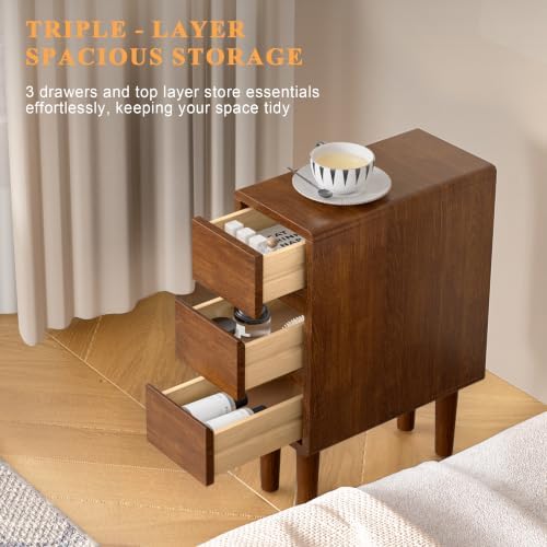 Narrow Nightstand with 3 Drawers Narrow Night Stand Solid Wood Bedside Table - Image 3