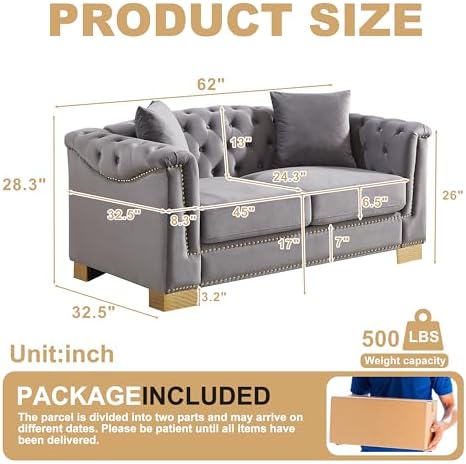 62" Chesterfield Loveseat Grey Velvet Combination Sofa, 2 Cushion Classic 6.5" - Image 2
