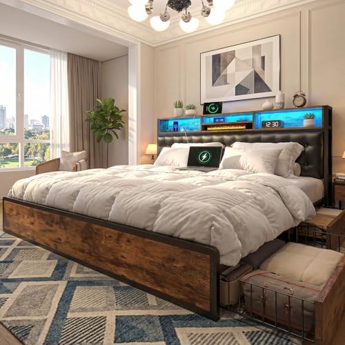 EnHomee King Bed Frame with 4 Drawers, Charge Station & LED Lights by EnHomee