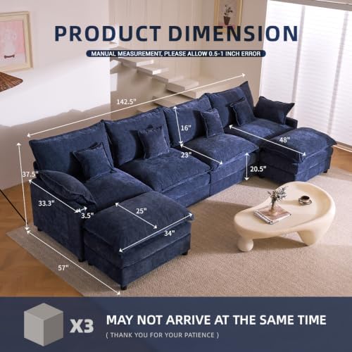 GOSUHI 142.5" U-Shaped Modular Cloud Couch, Deep Seat, Chenille Navy - Image 2