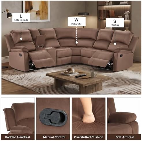 EBELLO Manual Reclining L-Shaped Sectional Sofa Set, Soft Microfiber Recliner - Image 3
