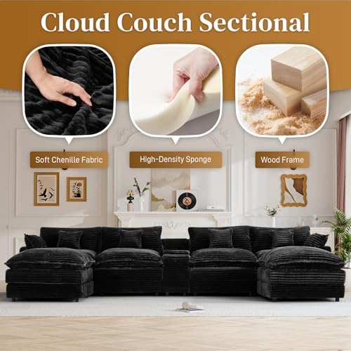 145" Cloud Couch Oversized U Shaped Jet Black Sectional Couches - Image 5