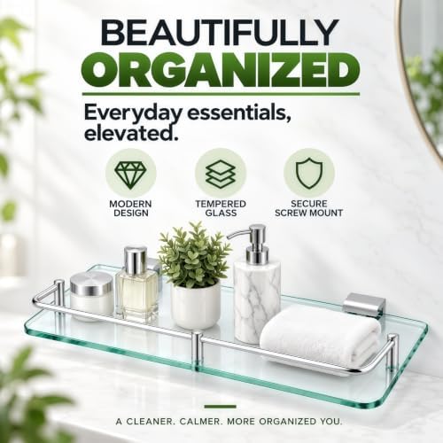 1 Pack Bathroom Glass Shelf, 15.7in Wall Mount Modern Floating Shelf - Image 3