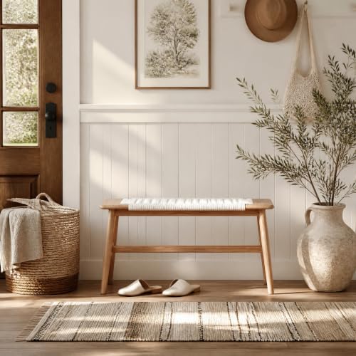 31.5'' Woven Dining Beach with 100% Solid Oak Wood Bench Frame, Hand Knitted by Wayshome