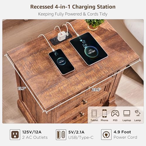 26" Tall Nightstand with Charging Station, 23.6"W End Table W/Roman Column - Image 4