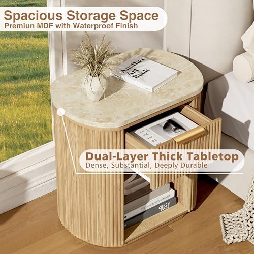 Fluted Marble Nightstand Set of 2 23.6"Large Round Bedside Table Oak - Image 5