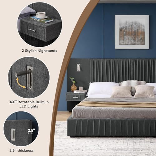 Queen Size Bed Frame with LED Lights and Nightstands, Modern Chenille - Image 4